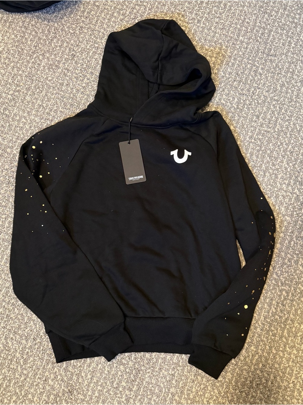 True Religion Black Hoodie with Gold Splatter Accents